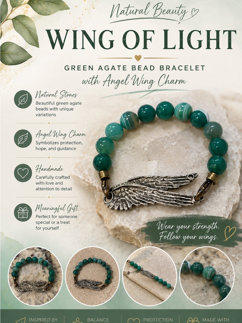 Green Beaded Bracelet with Silver Wing Charm